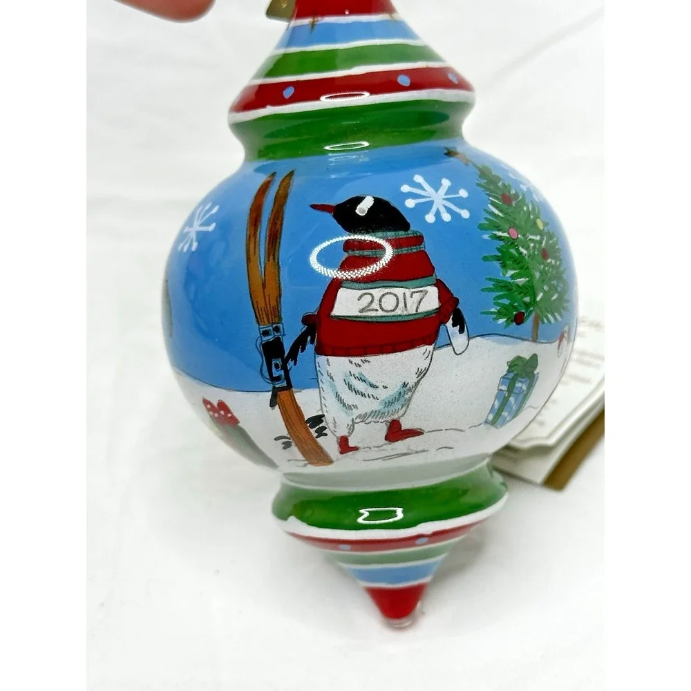 Pier 1 Le Bien Glass Ornament Reverse hand Painted Penguin Tree 2017 Teardrop